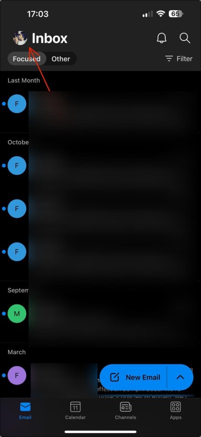 Outlook mobile app interface showing the focused profile icon highlighted in the top-left corner.