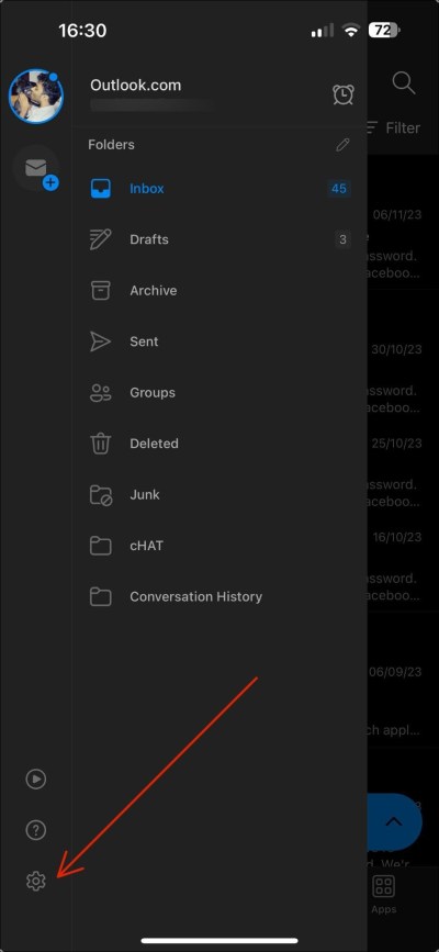 Outlook mobile app sidebar highlighting the settings icon at the bottom.