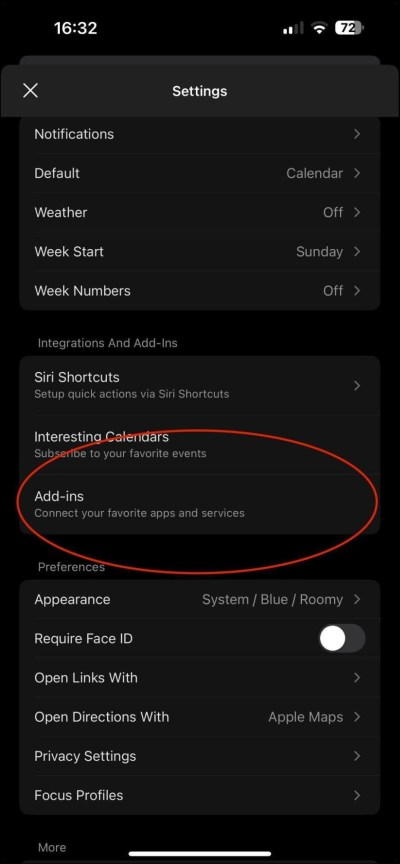 Outlook mobile settings screen with the 'Add-ins' menu option circled indicating where to add new services.