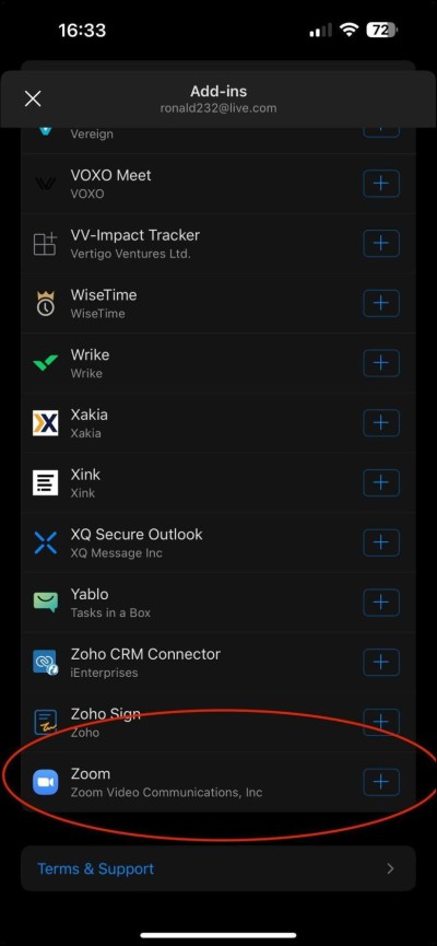 List of available add-ins for Outlook mobile with 'Zoom' circled at the bottom of the list.
