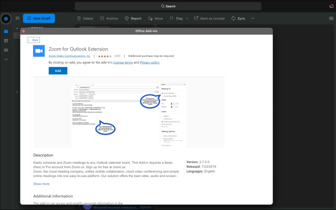 An image of 'Zoom for Outlook Extension' popup.