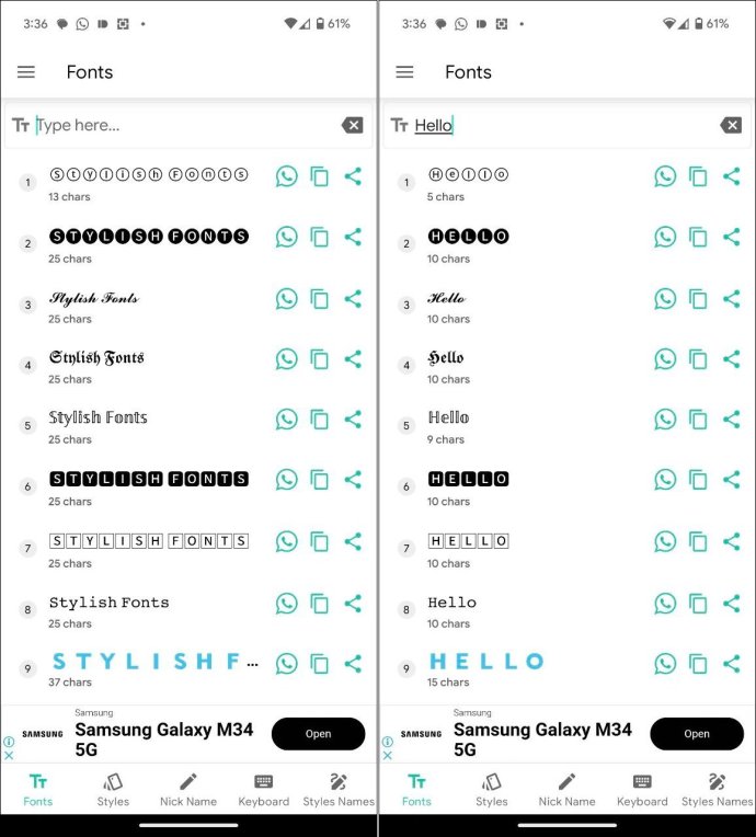Fonts in WhatsApp on Android.