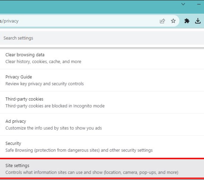 Choosing Site settings from the Google Chrome Settings