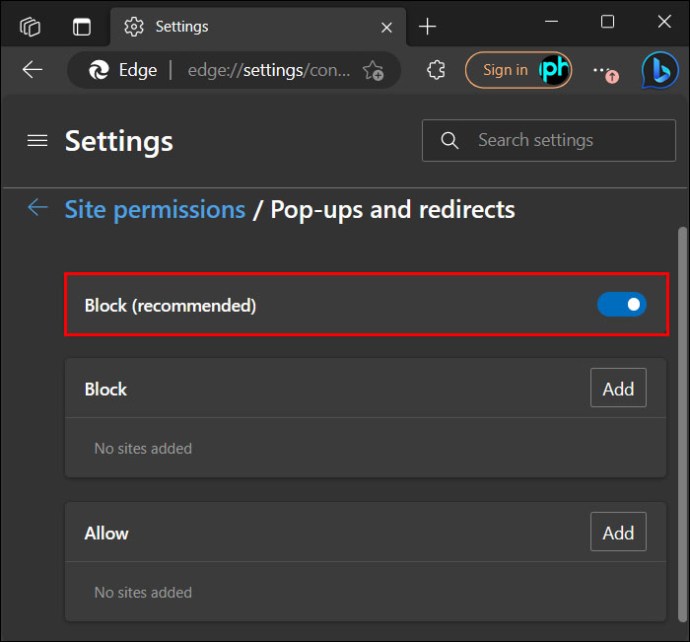 Block option toogle for Edge