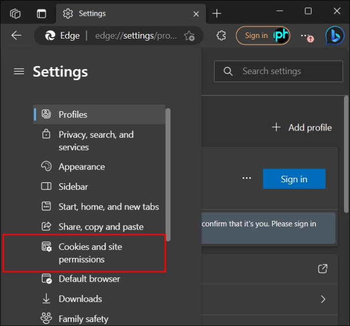 Cookies and site permissions Edge option