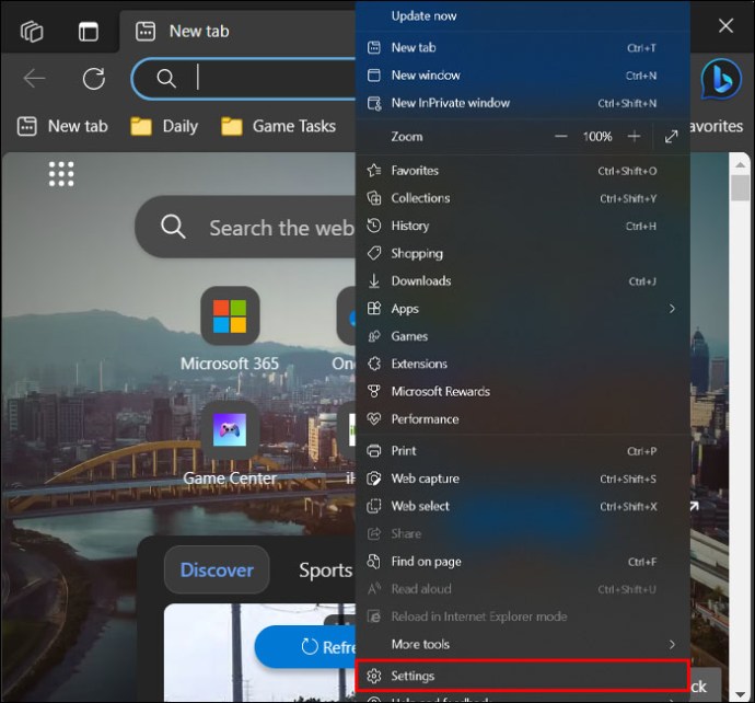 Microsogt Edge Settings for desktop