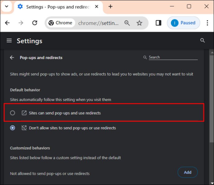 Allowing sites to send pop-ups and use redirects in Chrome
