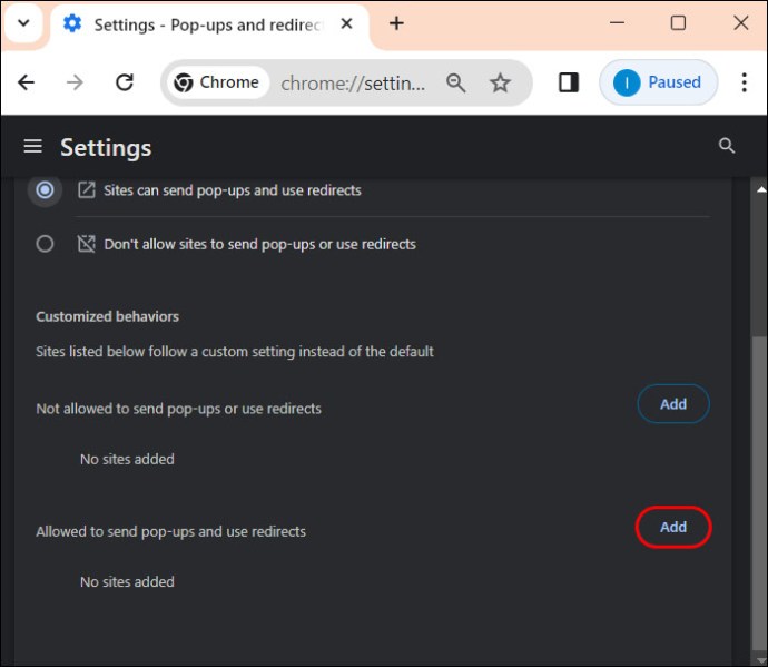 Adding specific sites for pop-ups and redirects
