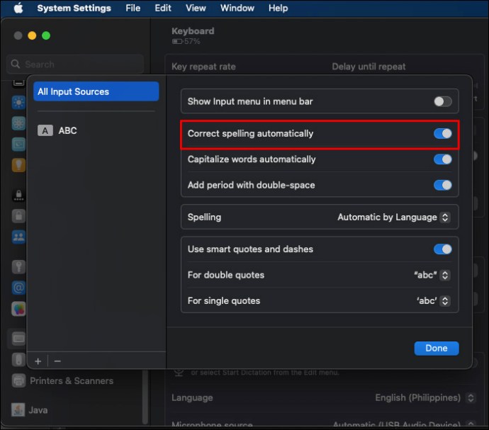 Toggling Correct spelling automatically in the Keyboard settings in macOS