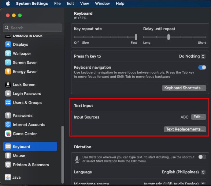 Locating the Text Input section in the Keyboard settings in macOS