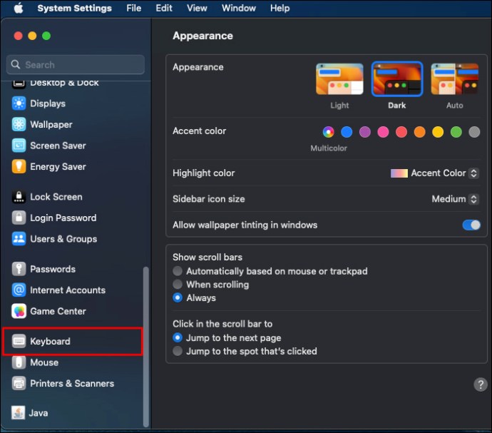 Selecting Keyboard from the sidebar in System Settings in macOS
