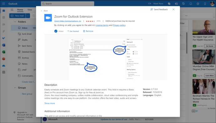 'Zoom for Outlook Extension' popup on web-based Outlook.