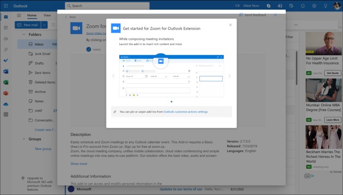 Preview of Zoom add-in in the calendar on the web-based Outlook.