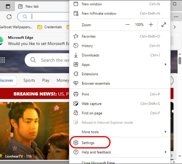 Selecting Settings from the menu in Microsoft Edge