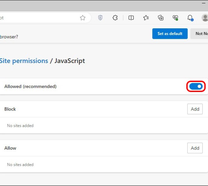 Toggling the Allowed option in the Microsoft Edge JavaScript settings menu