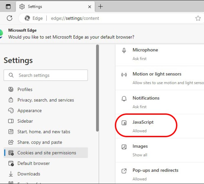 Choosing JavaScript from the menu in the Microsoft Edge Settings
