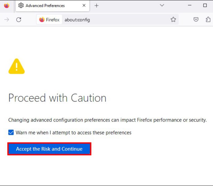 Clicking the Accept the Risk and Continue button in Mozilla Firefox