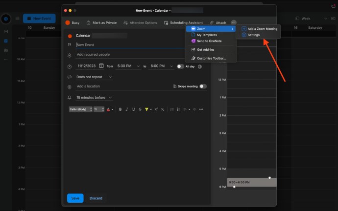 Outlook for Mac calendar event creation window showing the 'Add a Zoom Meeting' option in the menu.
