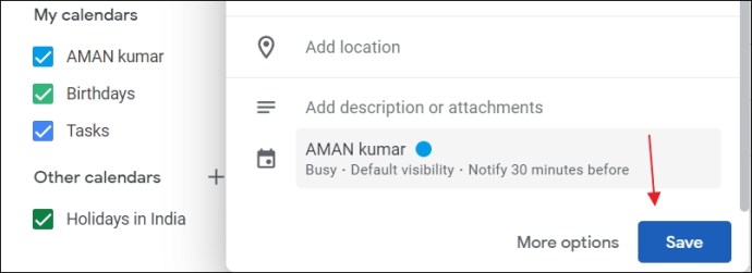 Save button in Google Calendar
