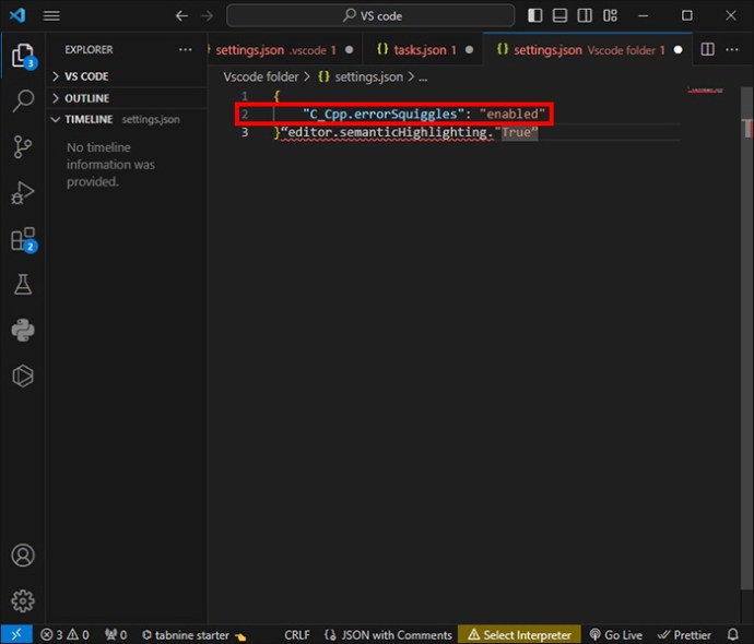 Setting C_Cpp.errorSquiggles to enabled in VS Code Settings.json