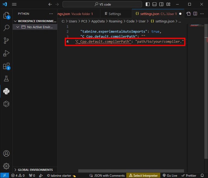 Highlighting the path to the compiler in VS Code settings.json