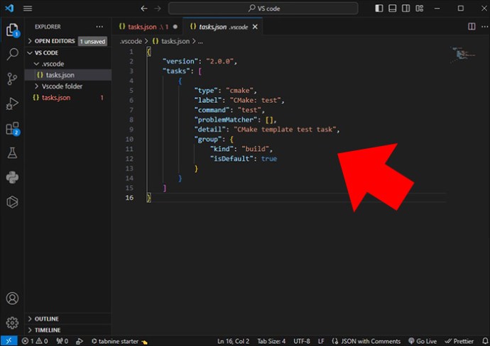 Saving the tasks.json file in VS Code