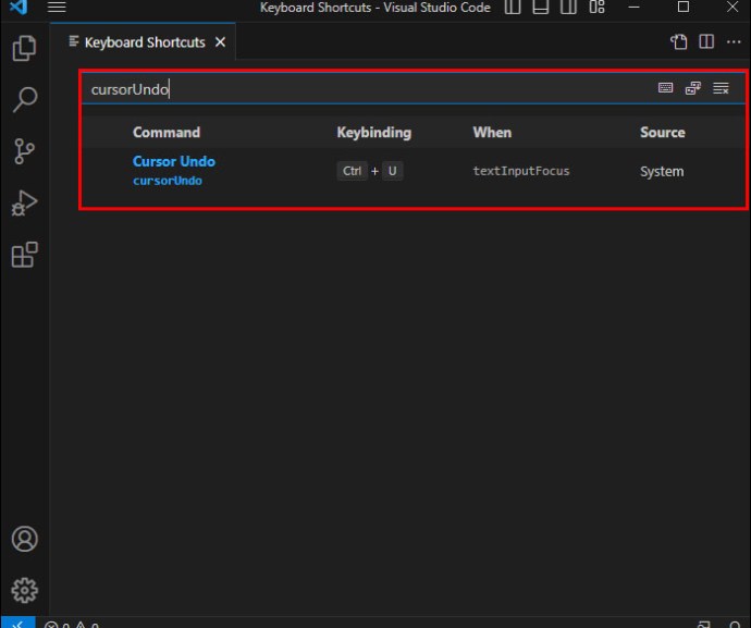 Locating the cursorUndo setting in the Visual Studio Code Keyboard Shortcuts menu