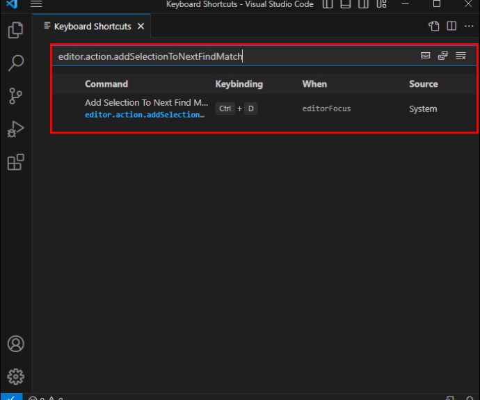 Locating the editor.action.addSelectionToNextFindMatch setting in the Visual Studio Code Keyboard Shortcuts menu