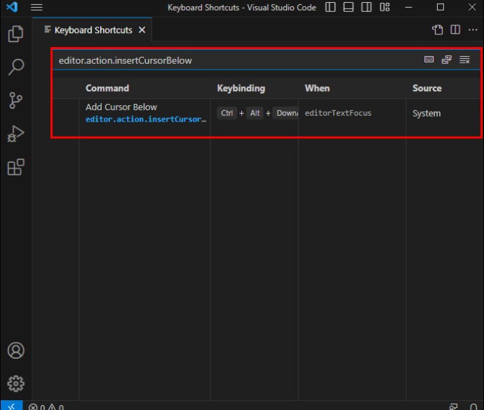 Locating the editor.action.insertCursorBelow setting in the Visual Studio Code Keyboard Shortcuts menu