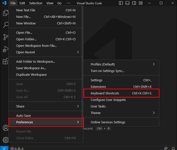 Choosing Keyboard Shortcuts from the Preferences menu in the File dropdown in Visual Studio Code