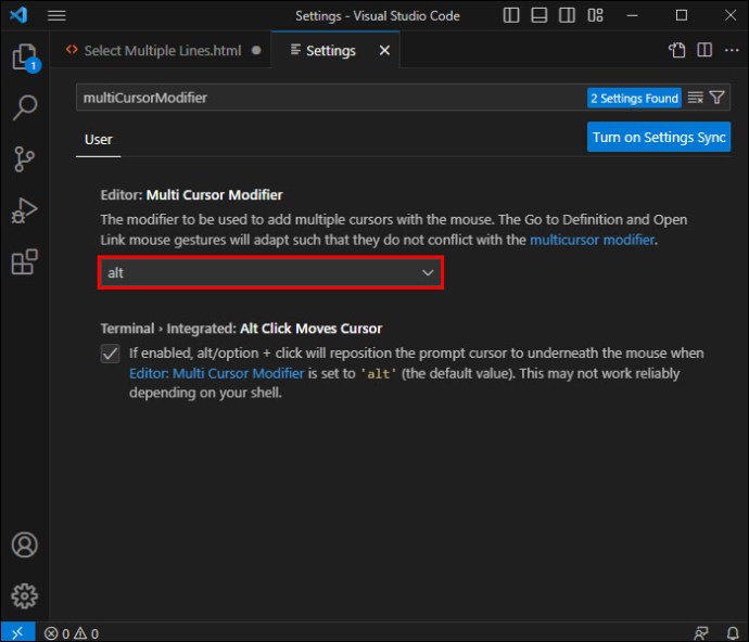 Highlighting the Multi Cursor Modifier dropdown menu in the Visual Studio Code Settings
