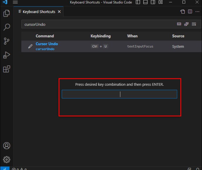 Entering a new key combination for the desired Keyboard Shortcut in the Visual Studio Code Keyboard Shortcuts menu