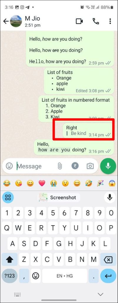 Quoted text in WhatsApp.