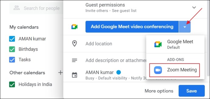 Zoom meeting add-on within the Event option