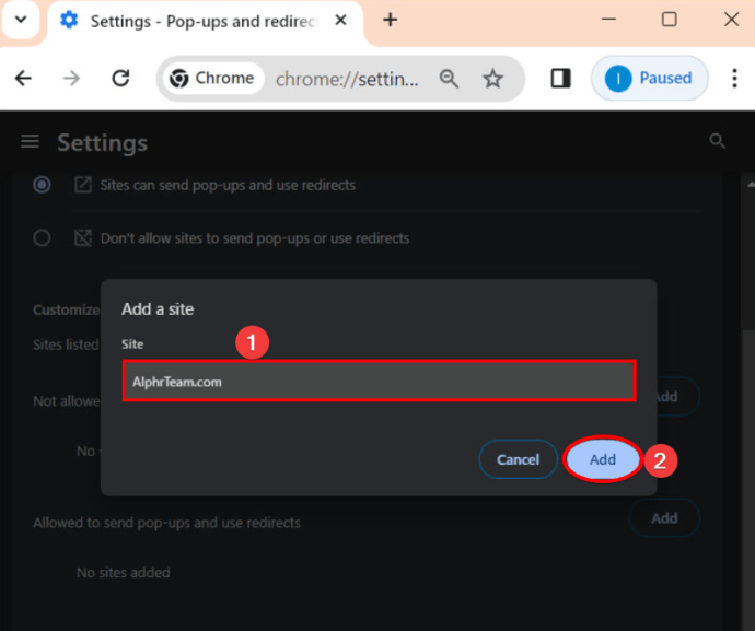 Adding sites to pop up list