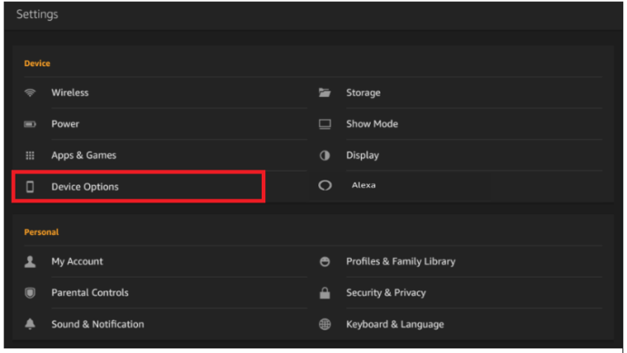 Fire Tablet Settings - Device Options