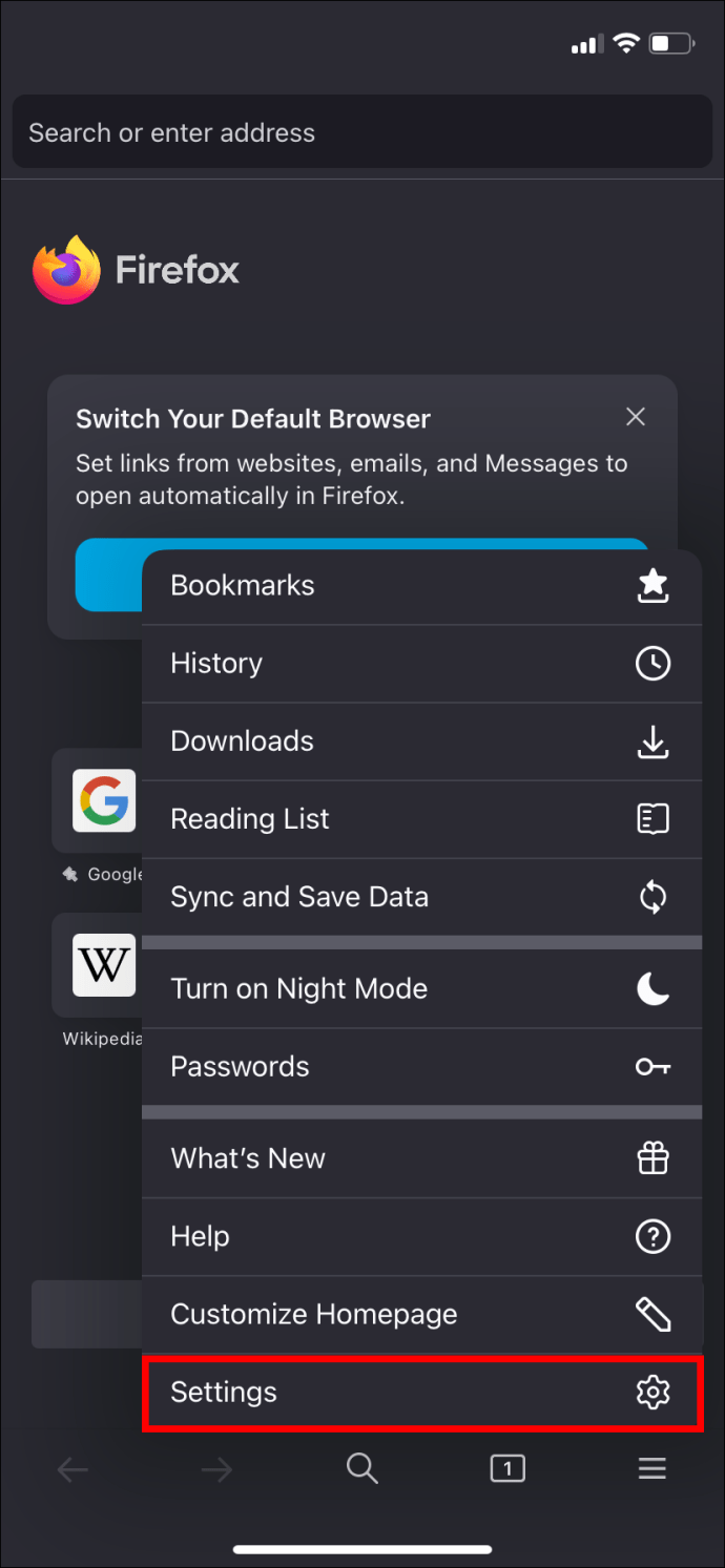 Firefox settings on iPhone