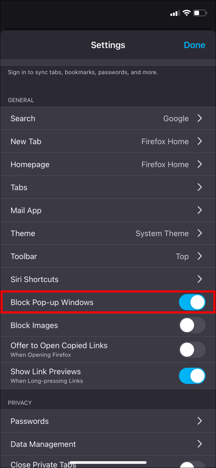 Firefox Block pop up windows toogle