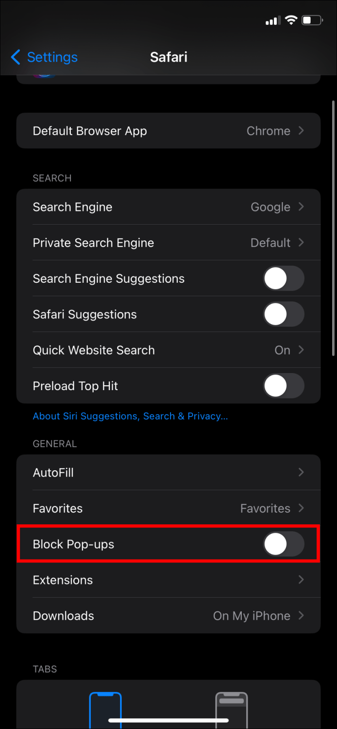 Block pop-ups switch on iPhone