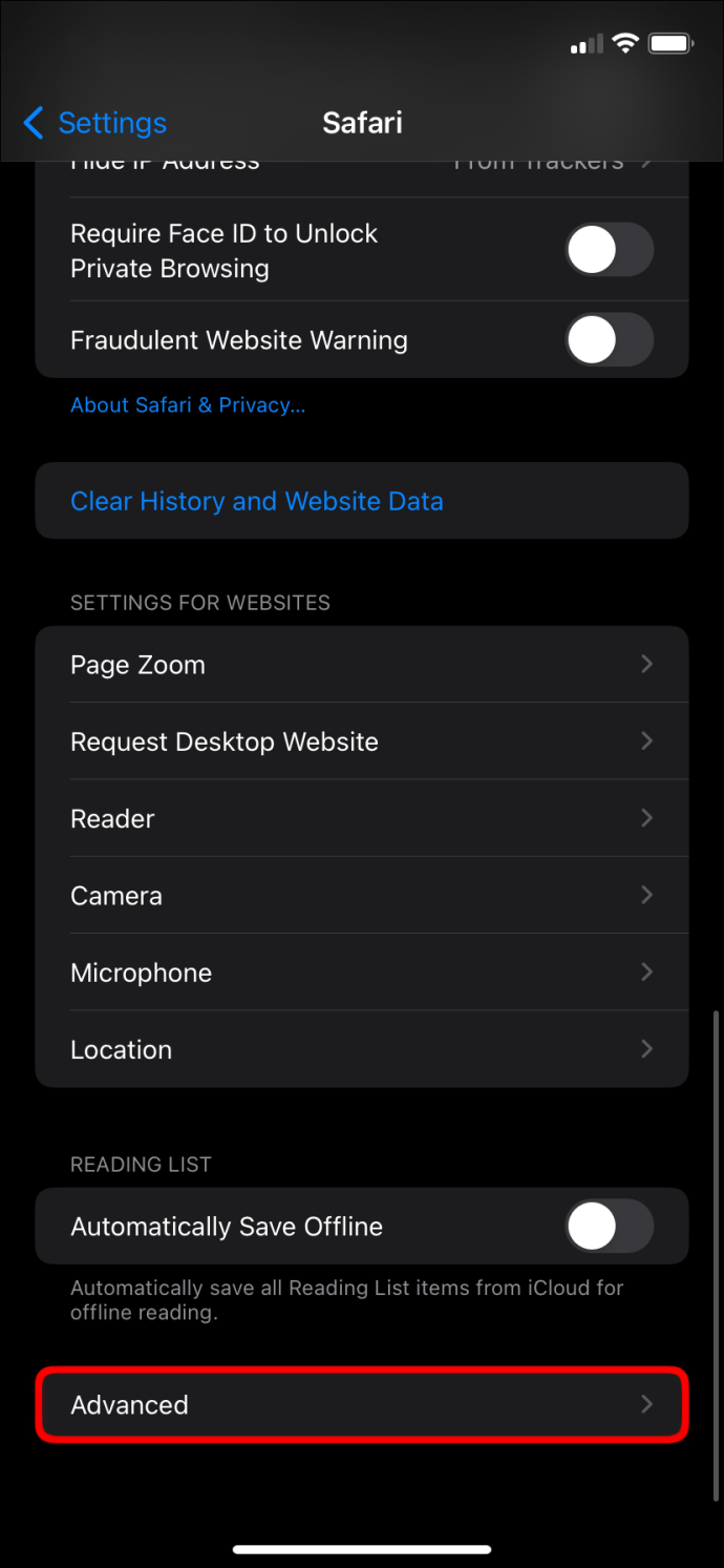 Hitting Advanced in the Safari menu in iOS Settings