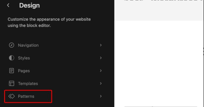 Patterns submenu in WordPress
