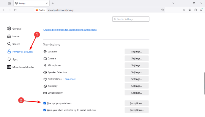 Unchecking pop up permissions in Firefox
