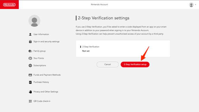 Clicking the 2-Step Verification setup button in the Nintendo Account webpage