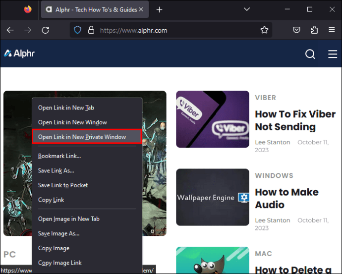 The Open Link in New Private Window option on Mozilla Firefox.