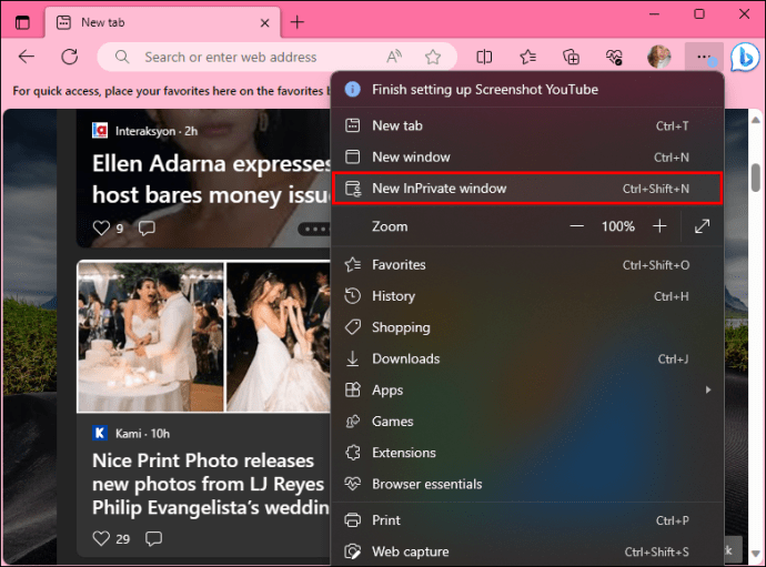 InPrivate window option in Microsoft Edge.