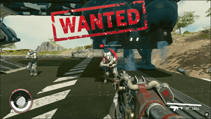 Aiming a gun at a man and highlighting the Wanted trait in Starfield